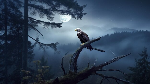 Un pájaro se posa en una rama en un bosque con luna llena al fondo.