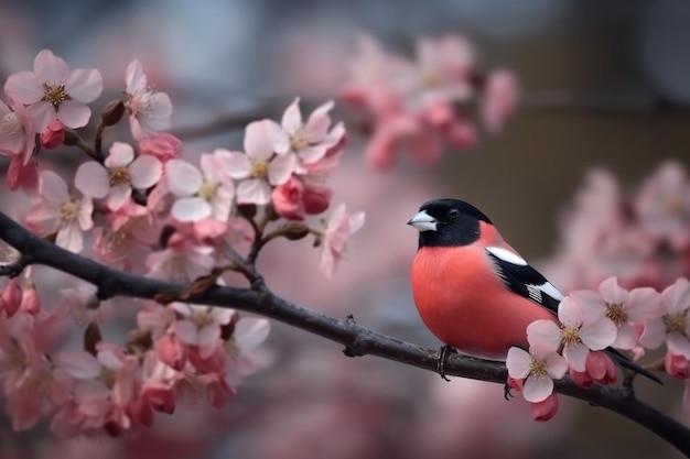 Un pájaro se posa en una rama de un cerezo en flor.
