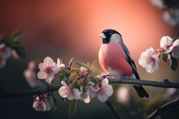 Un pájaro se posa en una rama con flores al fondo.