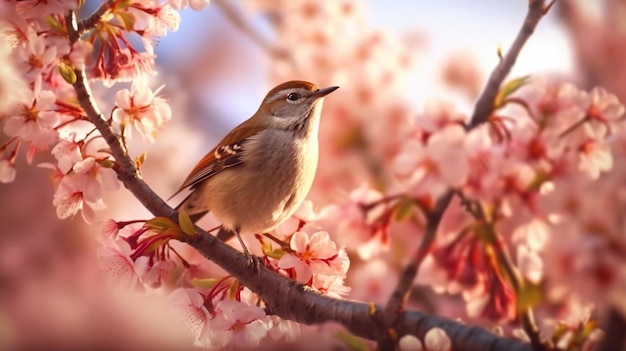 Un pájaro se posa en una rama de flores de cerezo.