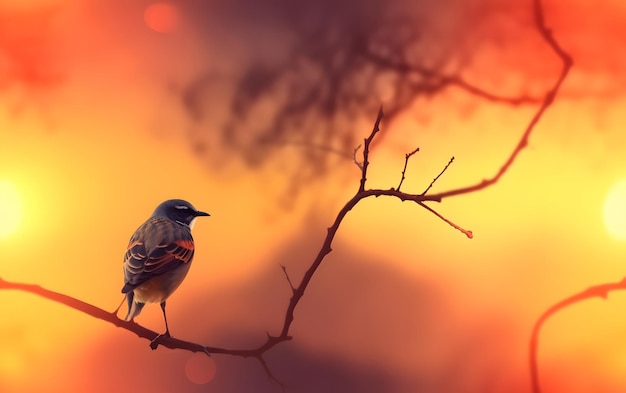 Un pájaro se posa en una rama con una puesta de sol al fondo.