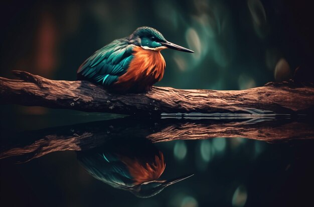 Un pájaro se posa en una rama con el reflejo del agua.