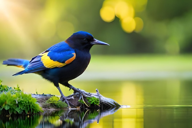 Un pájaro se posa sobre una roca en un estanque.