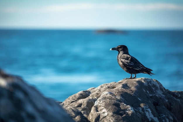 Un pájaro posado en un afloramiento rocoso con un mar azul en el fondo