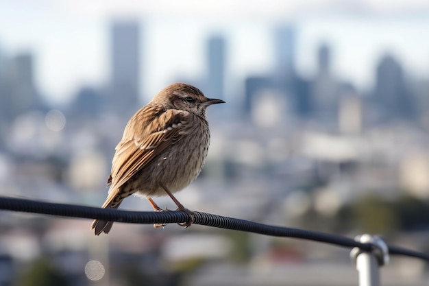 Un pájaro posado en un alambre con un paisaje urbano borroso en el fondo