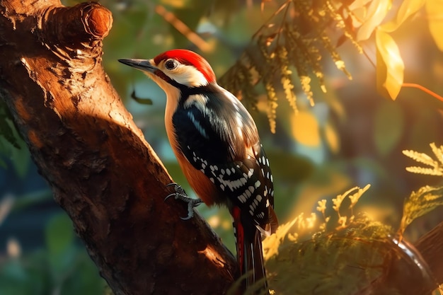 Un pájaro posado en la rama de un árbol al sol.