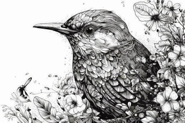 Pájaro posado en una rama con flores en blanco y negro IA generativa