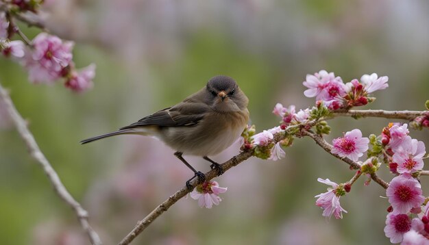 Foto un pájaro está posado en una rama con flores rosas