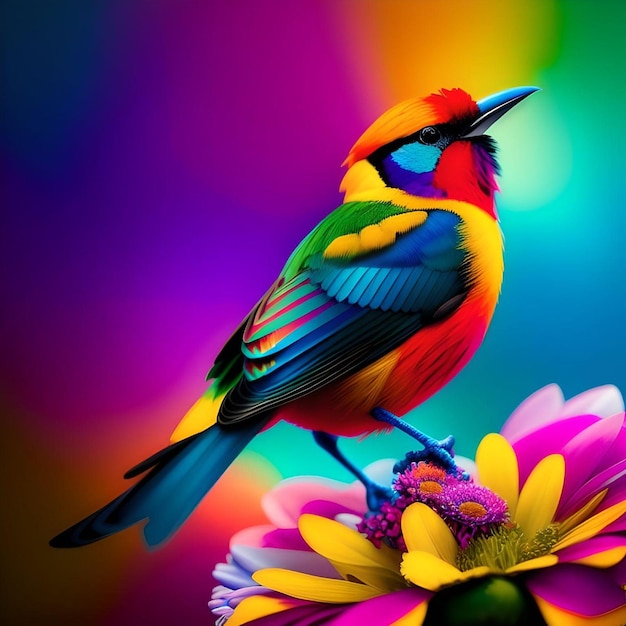 Foto pájaro psicodélico posado sobre flores arte de ilustración colorida realista