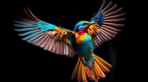 Pájaro psicodélico volando sobre fondo oscuro colores vibrantes