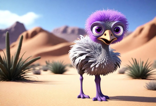 un pájaro con purp3dmodelCartoonostrich con grandes plumas expresivas y le se encuentra en un desierto