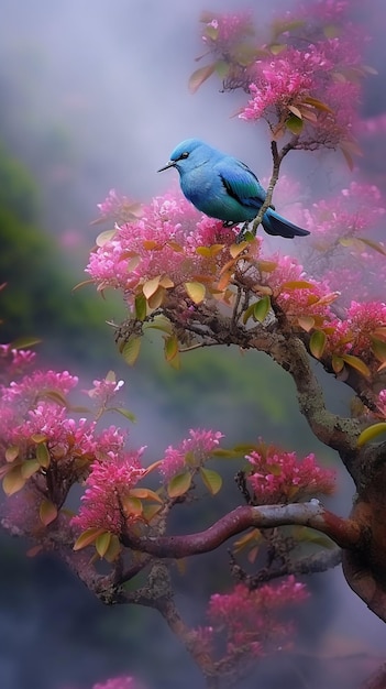 Un pájaro que está sentado en una rama con flores rosas.