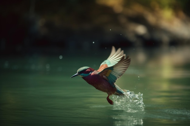 Un pájaro que está volando en el agua.