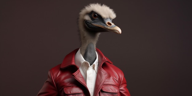 Un pájaro que lleva una chaqueta roja con una camisa blanca que dice 'emú'