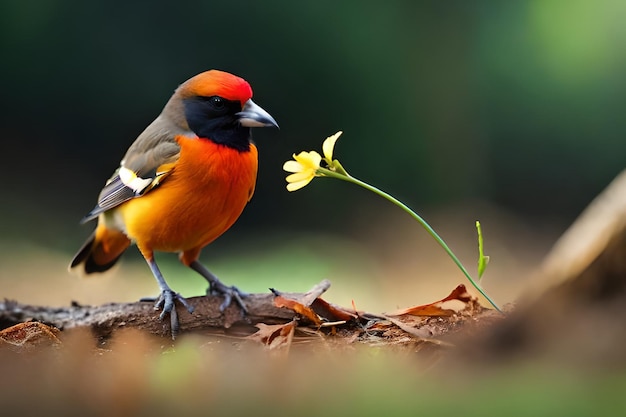 Un pájaro en una rama con una flor en primer plano