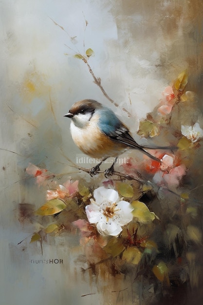 Un pájaro en una rama con flores al fondo.