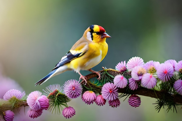 Un pájaro en una rama con flores de color púrpura.