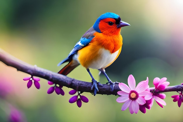 Un pájaro en una rama con flores rosas.