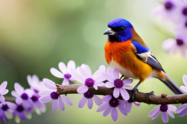 Un pájaro en una rama con flores.