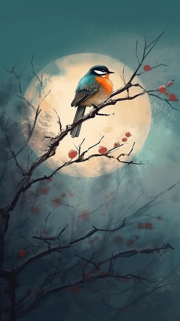 Un pájaro en una rama con una luna al fondo.