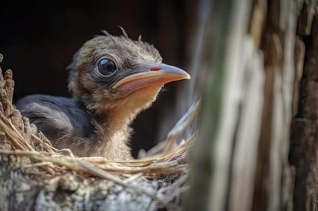 Pájaro recién nacido asomando de su nido curioso y alerta creado con ai generativo