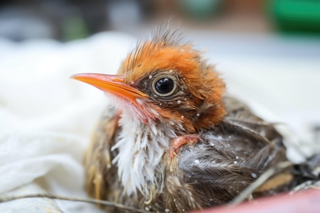 Pájaro recién nacido incapaz de volar debido a una lesión en el ala