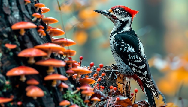 Foto un pájaro rojo y blanco está posado en una rama de árbol