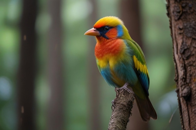 Foto un pájaro rojo borroso pájaro colorido está sentado en una rama