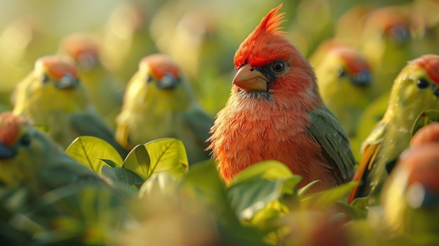 Un pájaro rojo entre una multitud de pájaros verdes