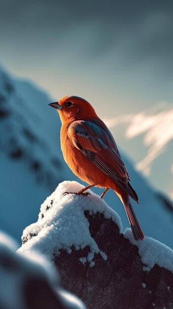 Foto un pájaro rojo con un pico rojo se sienta en una roca