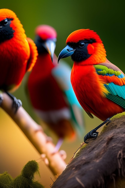 Un pájaro rojo y verde con cabeza azul y alas verdes.