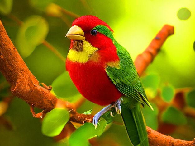 Foto pájaro rojo y verde con rama de pico amarillo descarga de imagen alegre y linda