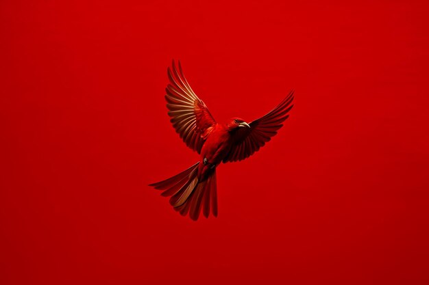 Foto un pájaro rojo vuela sobre un fondo rojo