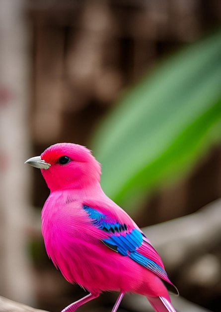 Un pájaro rosa con alas azules y un pico negro