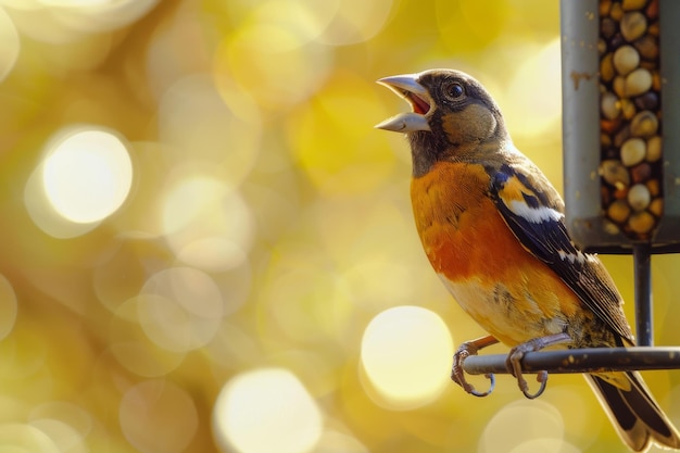 Un pájaro sentado en el alimentador de pájaros