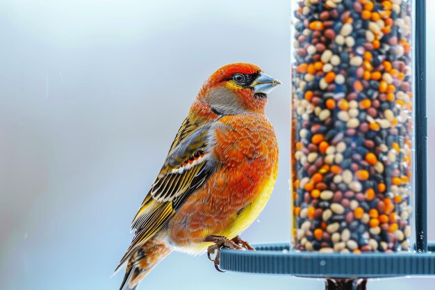 Foto un pájaro sentado en el alimentador de pájaros