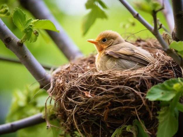 Foto pájaro sentado en un nido en la rama de un árbol