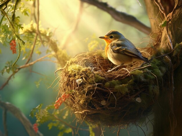 Pájaro sentado en un nido en la rama de un árbol