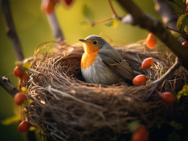 Pájaro sentado en un nido en la rama de un árbol