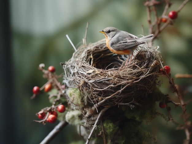 Pájaro sentado en un nido en la rama de un árbol