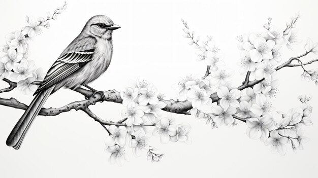 Un pájaro sentado en una rama con flores en el fondo