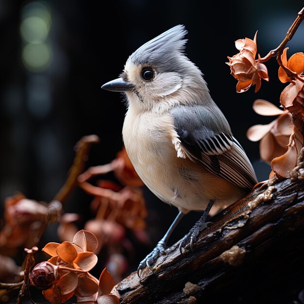 Foto un pájaro está sentado en una rama con flores en el fondo