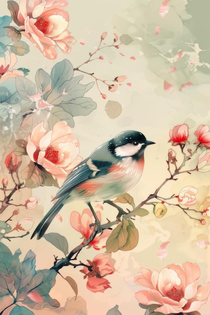 Un pájaro sentado en una rama con flores