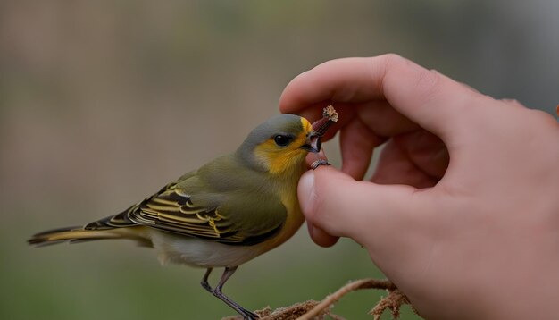 Foto un pájaro está siendo alimentado por alguien