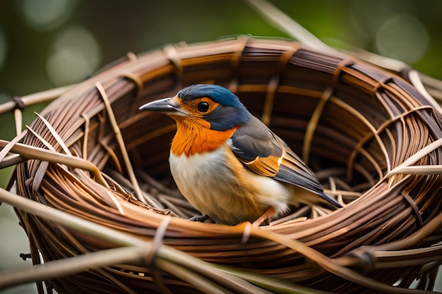 Un pájaro se sienta en una canasta con la palabra nido.