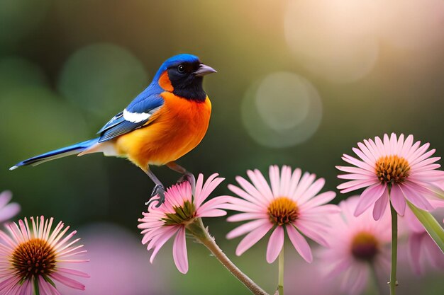 Un pájaro se sienta en una flor rosa.