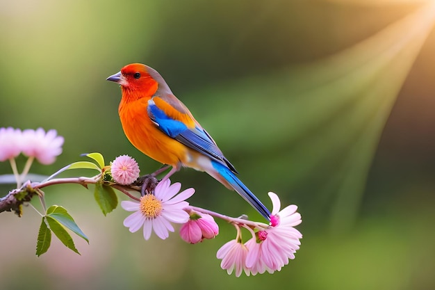 Un pájaro se sienta en una flor rosa.