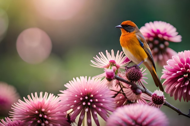 un pájaro se sienta en una flor con el sol detrás de él.