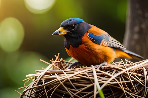Un pájaro se sienta en un nido con la cabeza girada hacia la izquierda.