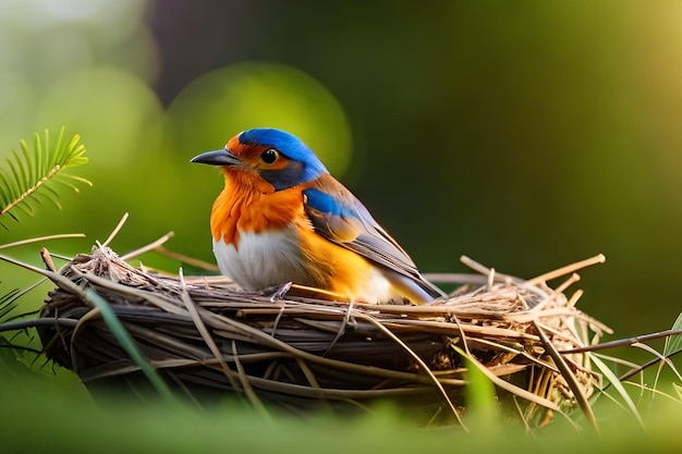 Un pájaro se sienta en un nido con hierba verde al fondo.